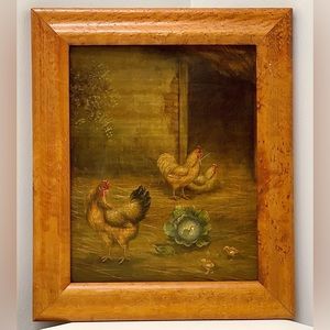 Vintage Birdseye Maple Framed Canvas Oil Painting Rooster Hen Chicks Farmhouse